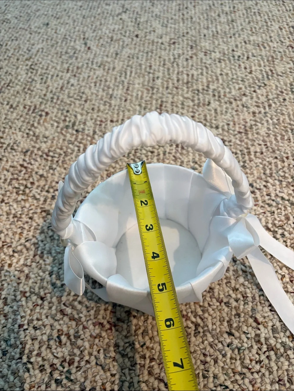 White Satin Flower Girl Basket with Pearl Bow